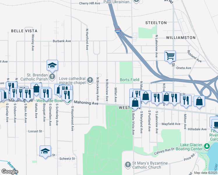 map of restaurants, bars, coffee shops, grocery stores, and more near 67 North Richview Avenue in Youngstown