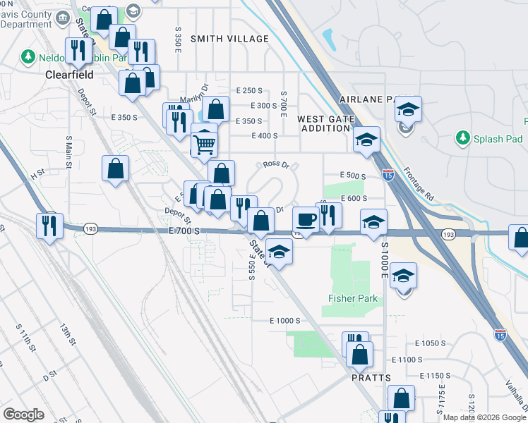 map of restaurants, bars, coffee shops, grocery stores, and more near 195 Ross Drive in Clearfield