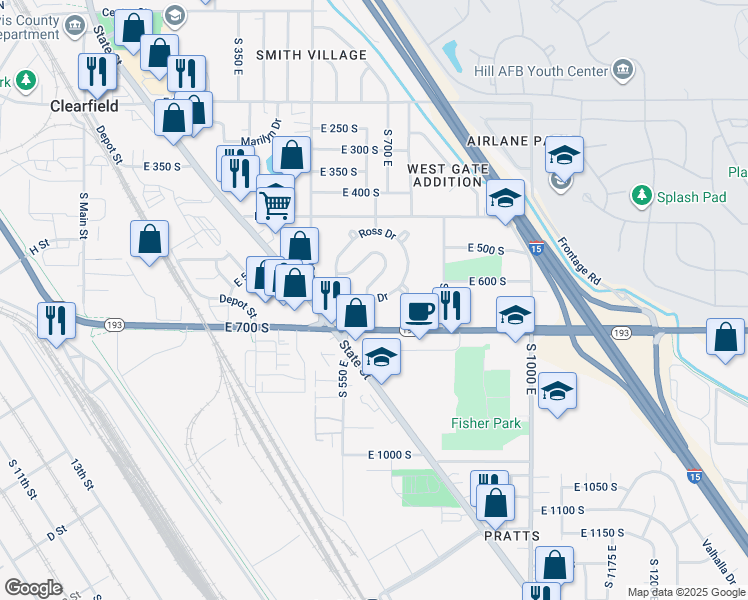 map of restaurants, bars, coffee shops, grocery stores, and more near 189 East Ross Drive in Clearfield