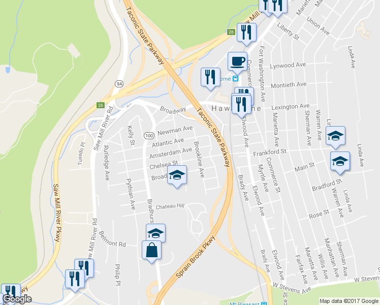 map of restaurants, bars, coffee shops, grocery stores, and more near 56 Amsterdam Avenue in Hawthorne
