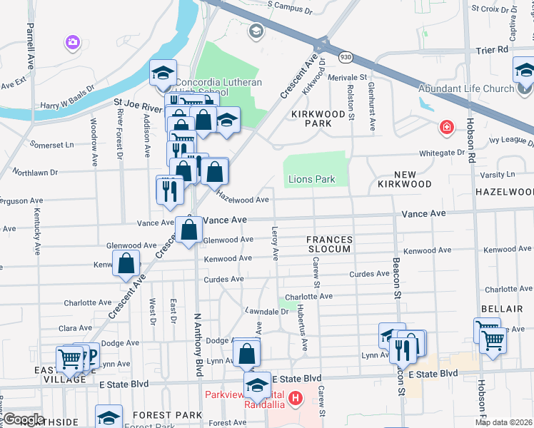 map of restaurants, bars, coffee shops, grocery stores, and more near 2119 Vance Avenue in Fort Wayne