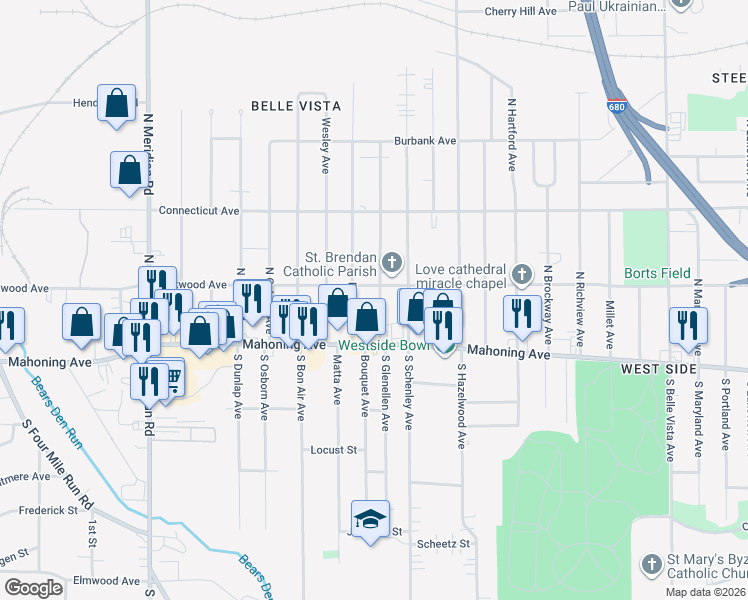 map of restaurants, bars, coffee shops, grocery stores, and more near 36 North Glenellen Avenue in Youngstown