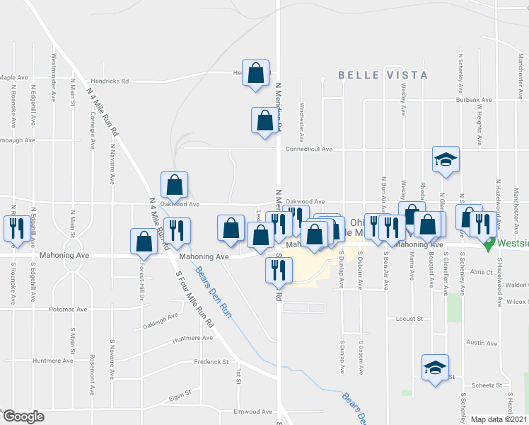 map of restaurants, bars, coffee shops, grocery stores, and more near 63 Lexington Place in Youngstown