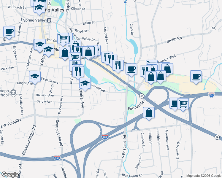 map of restaurants, bars, coffee shops, grocery stores, and more near 12 Klint Court in Nanuet