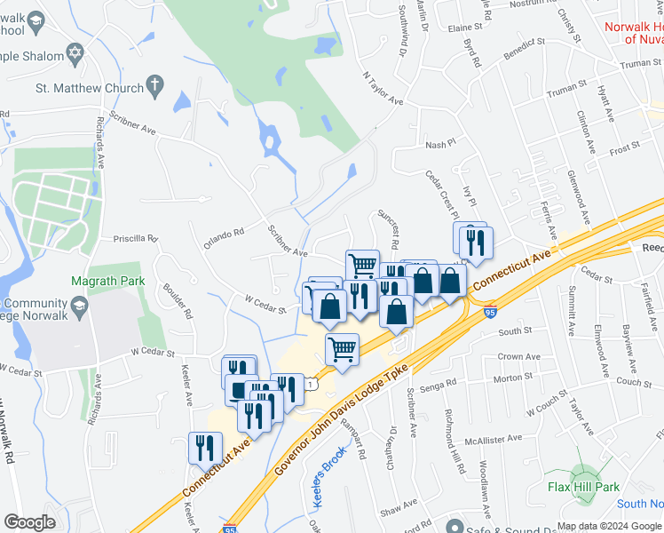 map of restaurants, bars, coffee shops, grocery stores, and more near 139 Scribner Avenue in Norwalk