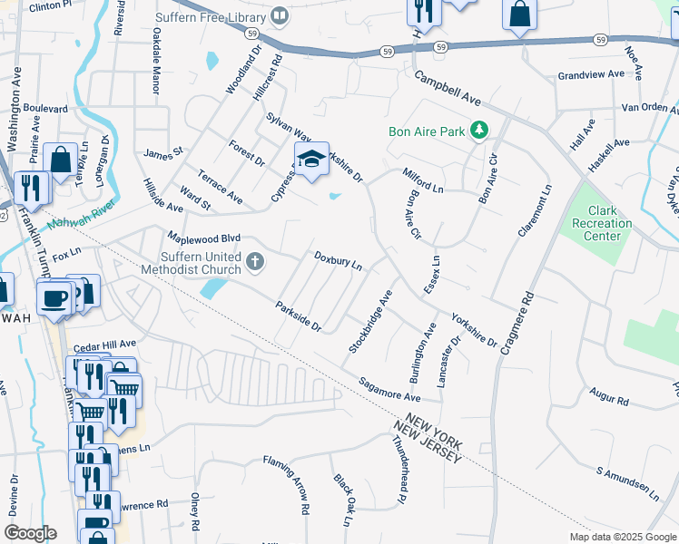 map of restaurants, bars, coffee shops, grocery stores, and more near 127 Doxbury Lane in Suffern