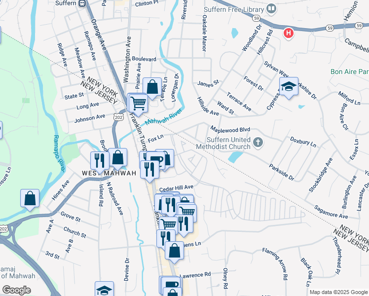 map of restaurants, bars, coffee shops, grocery stores, and more near 1042 Cumberland Court in Mahwah