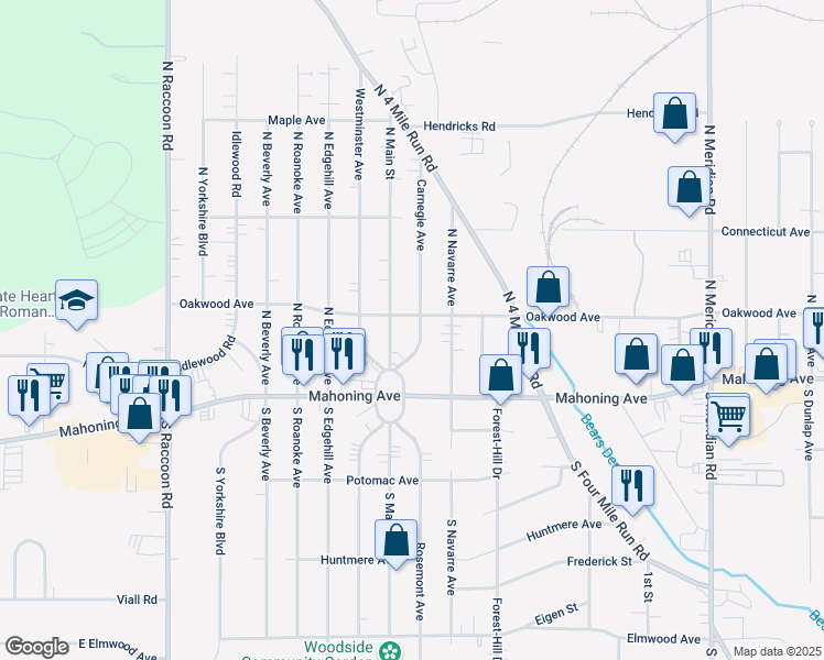 map of restaurants, bars, coffee shops, grocery stores, and more near 84 Carnegie Avenue in Youngstown