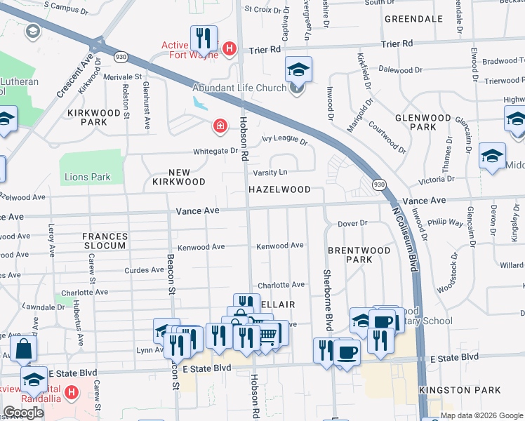 map of restaurants, bars, coffee shops, grocery stores, and more near 3226 Vance Ave in Fort Wayne