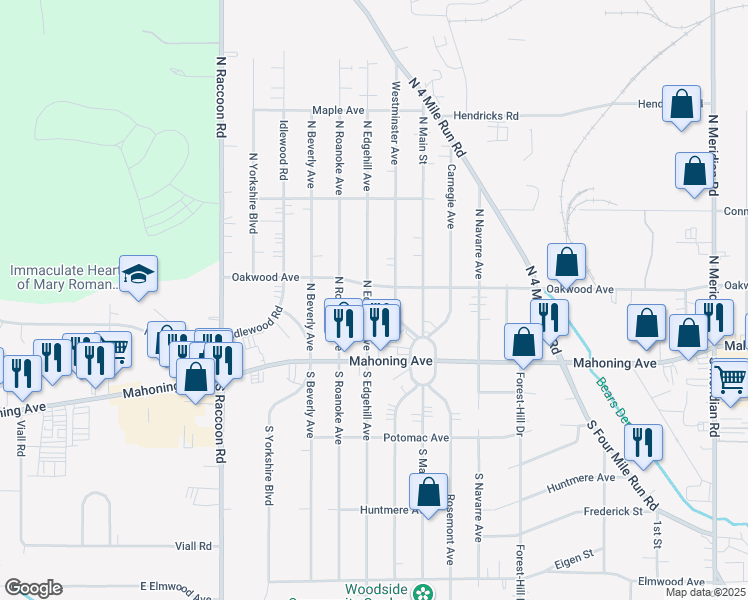 map of restaurants, bars, coffee shops, grocery stores, and more near 89 North Edgehill Avenue in Youngstown