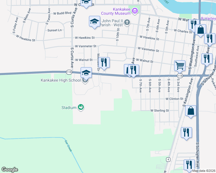map of restaurants, bars, coffee shops, grocery stores, and more near 1100 West Jeffery Street in Kankakee