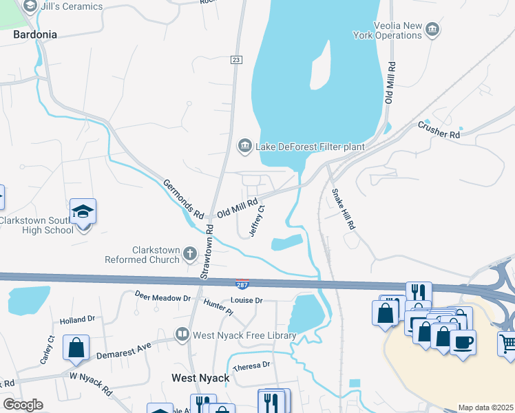map of restaurants, bars, coffee shops, grocery stores, and more near 30 Old Mill Road in West Nyack