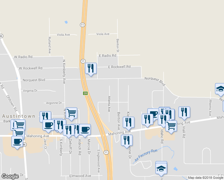 map of restaurants, bars, coffee shops, grocery stores, and more near 131 Atlanta Avenue in Youngstown