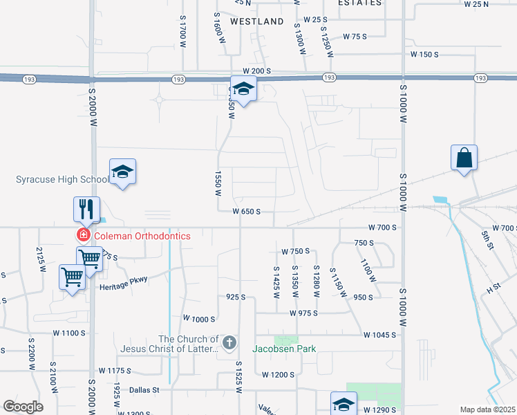 map of restaurants, bars, coffee shops, grocery stores, and more near 1464 West 650 South in Syracuse