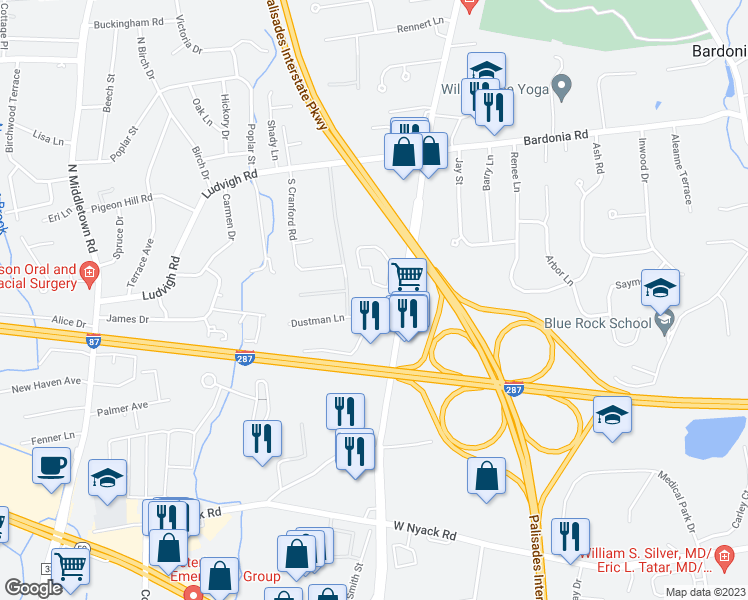 map of restaurants, bars, coffee shops, grocery stores, and more near 64 Dustman Lane in Bardonia