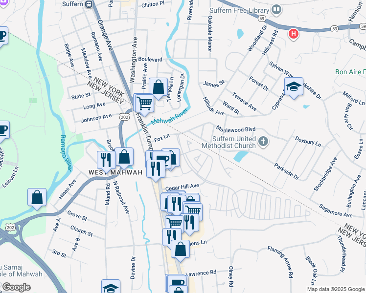 map of restaurants, bars, coffee shops, grocery stores, and more near 1004 Cumberland Court in Mahwah