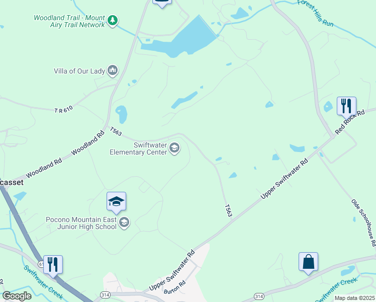 map of restaurants, bars, coffee shops, grocery stores, and more near Academic Drive in Swiftwater