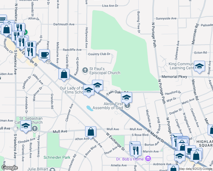 map of restaurants, bars, coffee shops, grocery stores, and more near 39 Twin Oaks Road in Akron