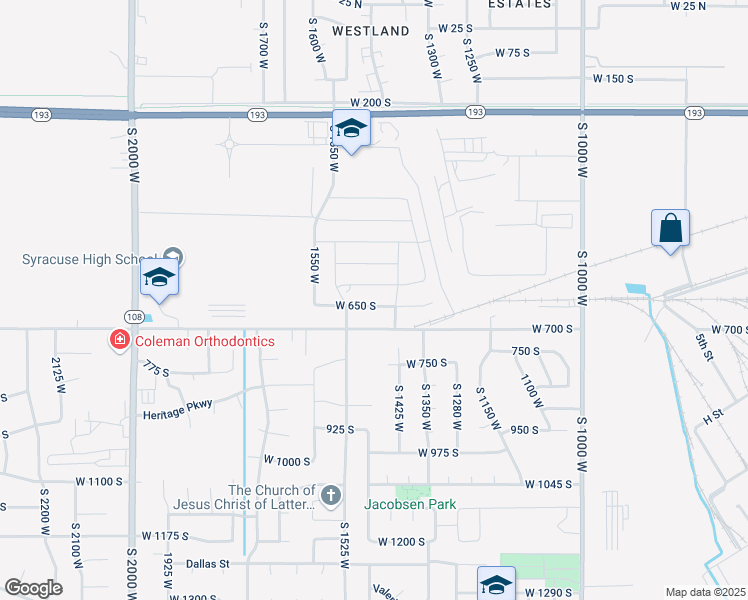 map of restaurants, bars, coffee shops, grocery stores, and more near 1464 West 650 South in Syracuse