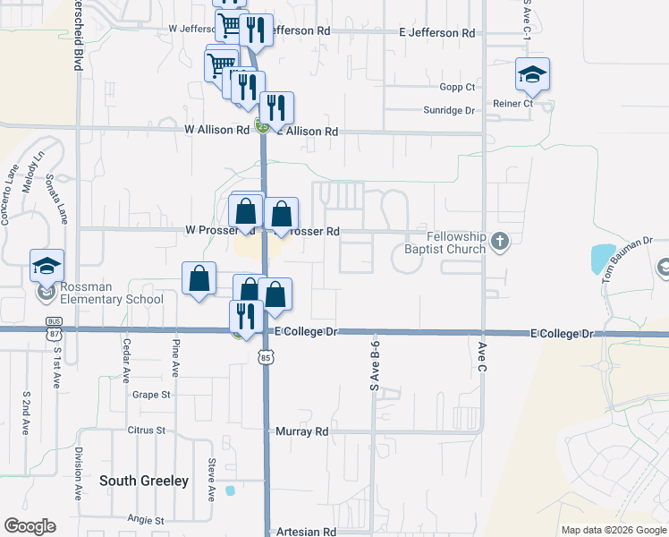 map of restaurants, bars, coffee shops, grocery stores, and more near 1408 Sabrina Road in Cheyenne