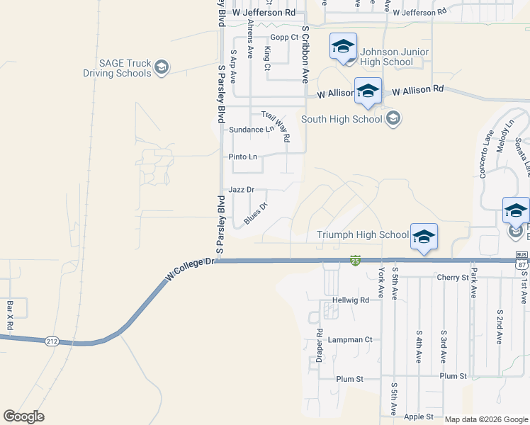 map of restaurants, bars, coffee shops, grocery stores, and more near 1629 Blues Dr in Cheyenne