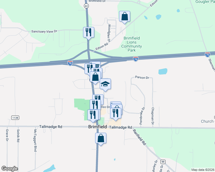 map of restaurants, bars, coffee shops, grocery stores, and more near Town Square Drive in Kent