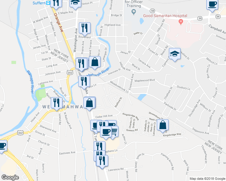 map of restaurants, bars, coffee shops, grocery stores, and more near 1037 Cumberland Court in Mahwah