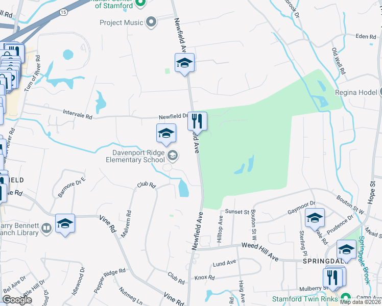 map of restaurants, bars, coffee shops, grocery stores, and more near 1336 Newfield Avenue in Stamford