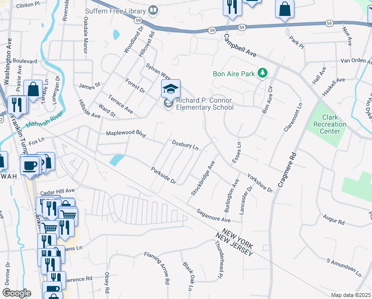 map of restaurants, bars, coffee shops, grocery stores, and more near 127 Doxbury Lane in Suffern