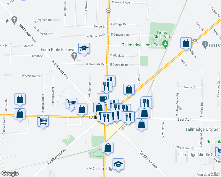 map of restaurants, bars, coffee shops, grocery stores, and more near 76 North Avenue in Tallmadge