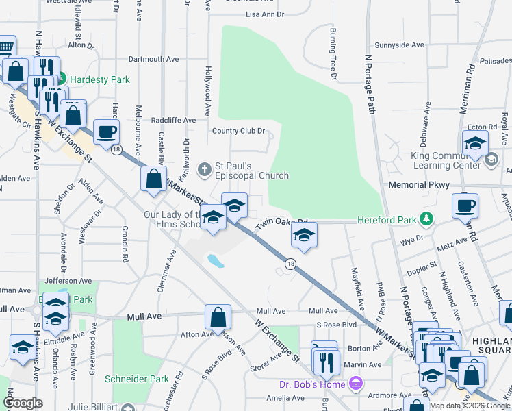 map of restaurants, bars, coffee shops, grocery stores, and more near 39 Twin Oaks Road in Akron
