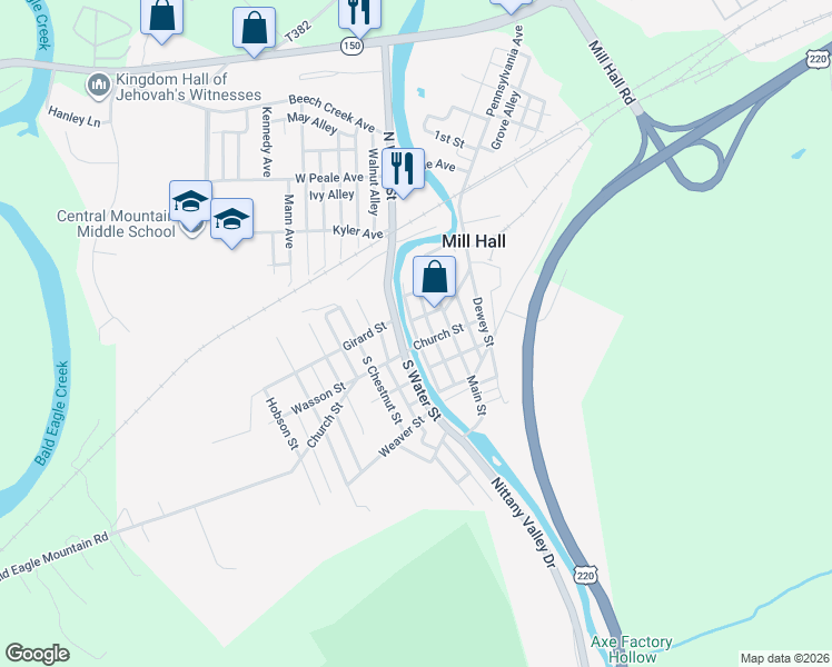 map of restaurants, bars, coffee shops, grocery stores, and more near 107 Danis Street in Mill Hall
