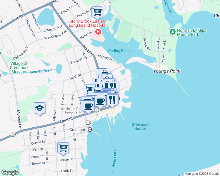 map of restaurants, bars, coffee shops, grocery stores, and more near 152 Bay Avenue in Greenport