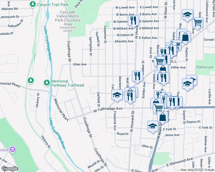 map of restaurants, bars, coffee shops, grocery stores, and more near 703 Carpenter Street in Akron