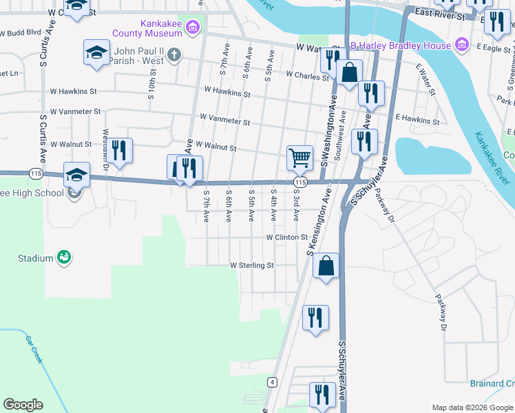 map of restaurants, bars, coffee shops, grocery stores, and more near 1380 South 5th Avenue in Kankakee