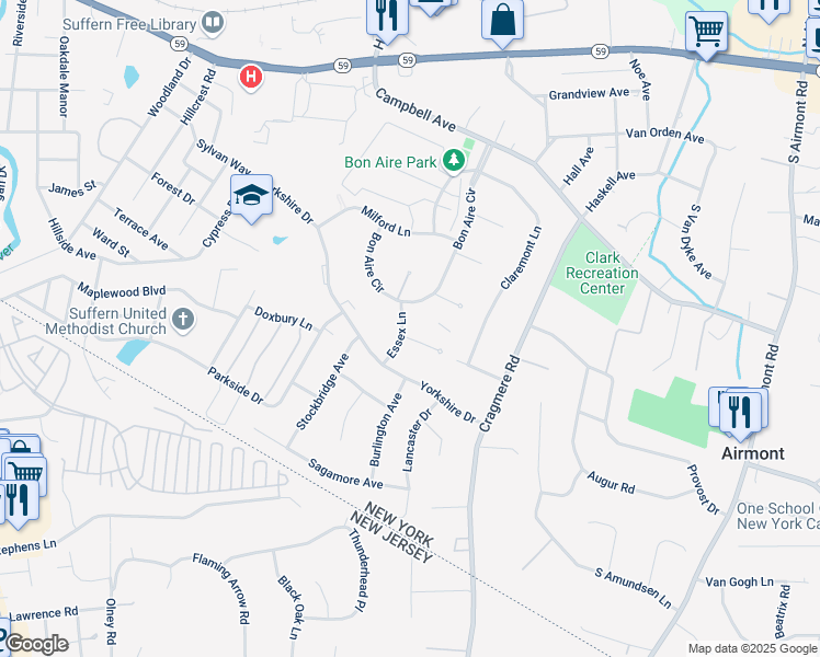 map of restaurants, bars, coffee shops, grocery stores, and more near 6 Essex Lane in Suffern