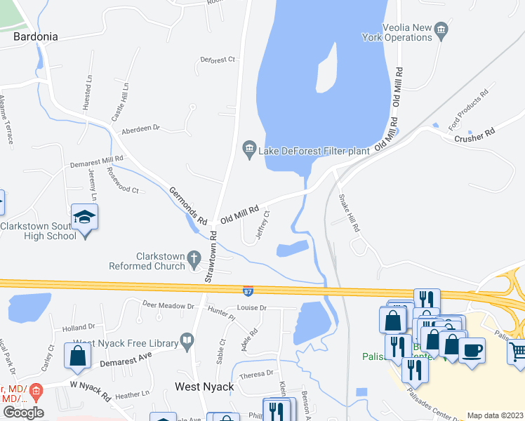 map of restaurants, bars, coffee shops, grocery stores, and more near 30 Old Mill Road in West Nyack