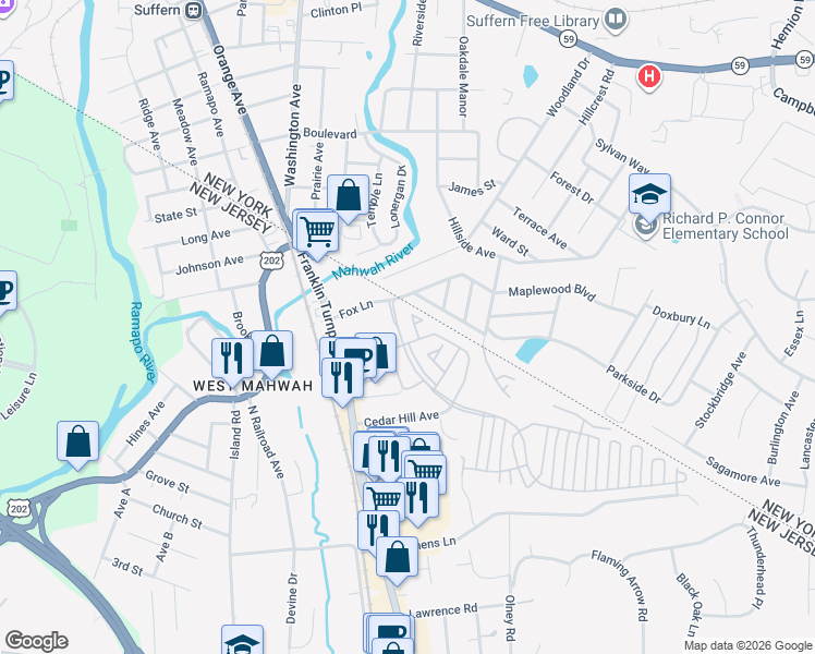 map of restaurants, bars, coffee shops, grocery stores, and more near 1002 Cumberland Court in Mahwah