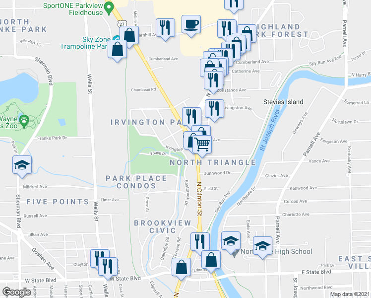map of restaurants, bars, coffee shops, grocery stores, and more near 226 Irvington Dr in Fort Wayne
