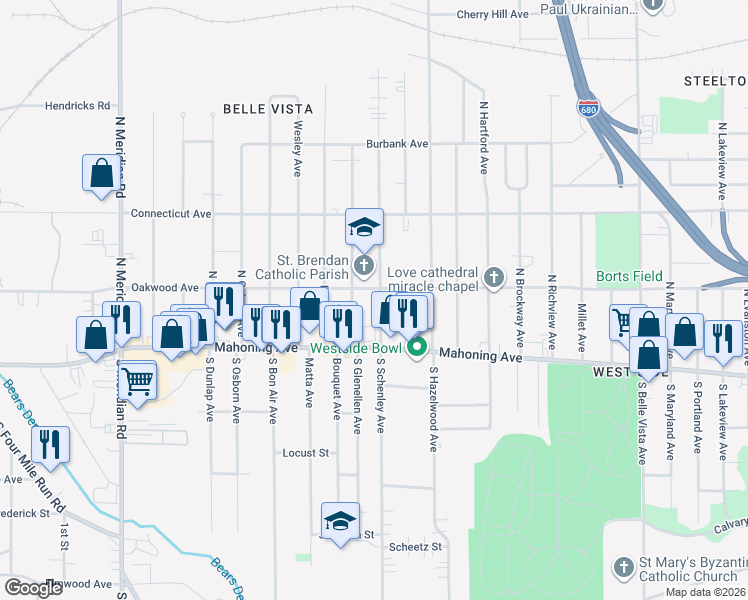 map of restaurants, bars, coffee shops, grocery stores, and more near 56 North Schenley Avenue in Youngstown