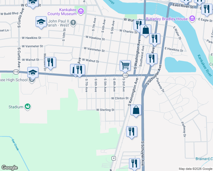 map of restaurants, bars, coffee shops, grocery stores, and more near 1380 South 5th Avenue in Kankakee