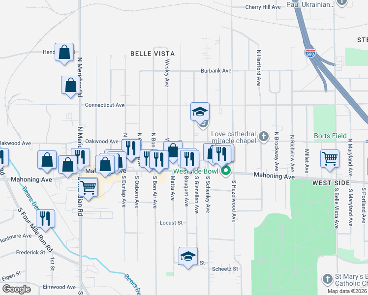 map of restaurants, bars, coffee shops, grocery stores, and more near 36 North Glenellen Avenue in Youngstown