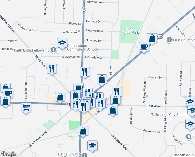 map of restaurants, bars, coffee shops, grocery stores, and more near 33 Highland Drive in Tallmadge