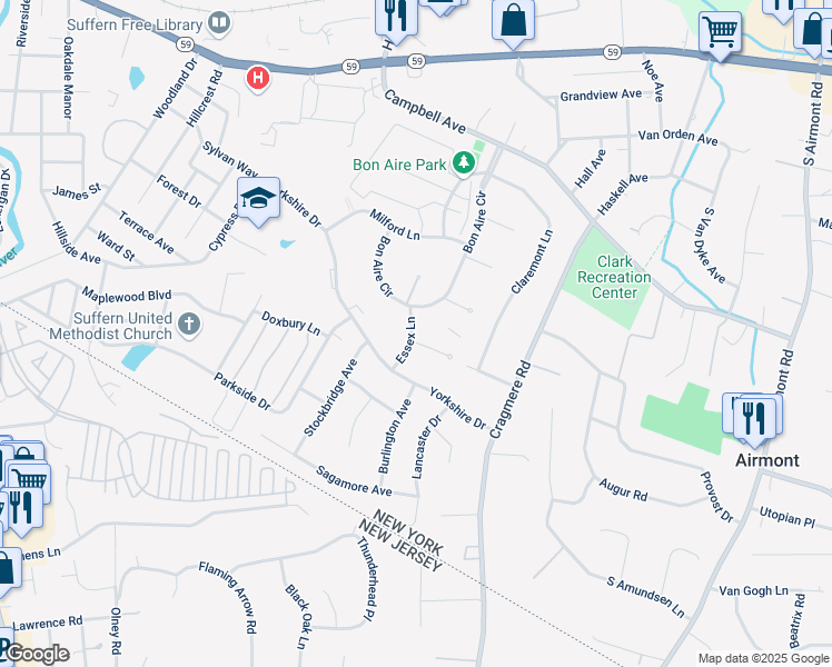 map of restaurants, bars, coffee shops, grocery stores, and more near 6 Essex Lane in Suffern