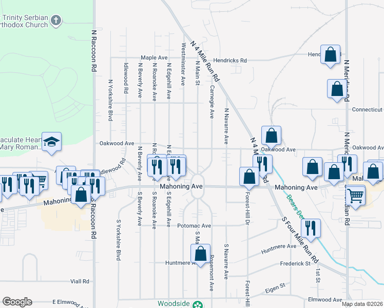 map of restaurants, bars, coffee shops, grocery stores, and more near 94 North Main Street in Youngstown