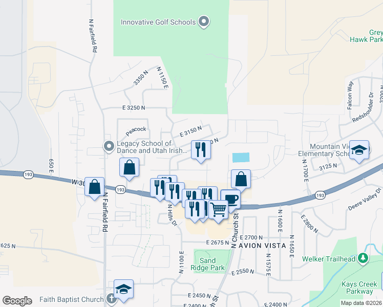 map of restaurants, bars, coffee shops, grocery stores, and more near 1241 East 3075 North in Layton