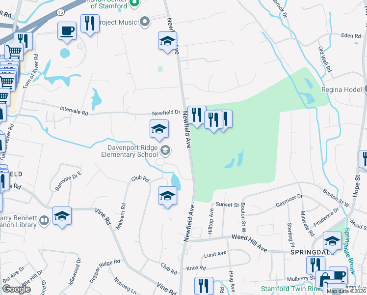 map of restaurants, bars, coffee shops, grocery stores, and more near 1336 Newfield Avenue in Stamford