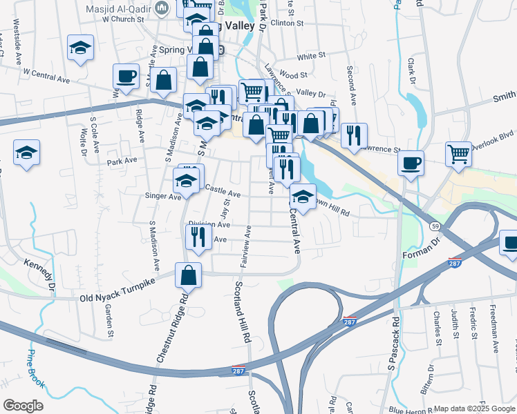 map of restaurants, bars, coffee shops, grocery stores, and more near 15 Sherman Street in Spring Valley
