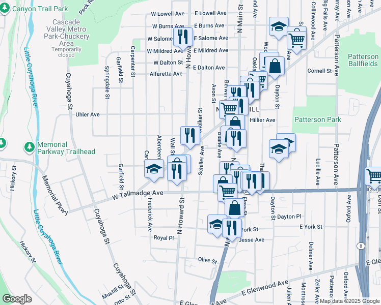 map of restaurants, bars, coffee shops, grocery stores, and more near 10 East Cuyahoga Falls Avenue in Akron
