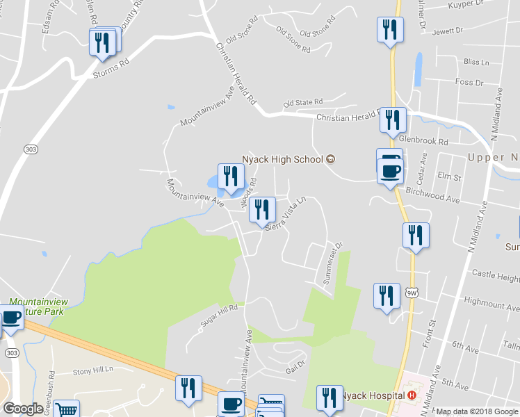 map of restaurants, bars, coffee shops, grocery stores, and more near 92 Sierra Vista Lane in Valley Cottage
